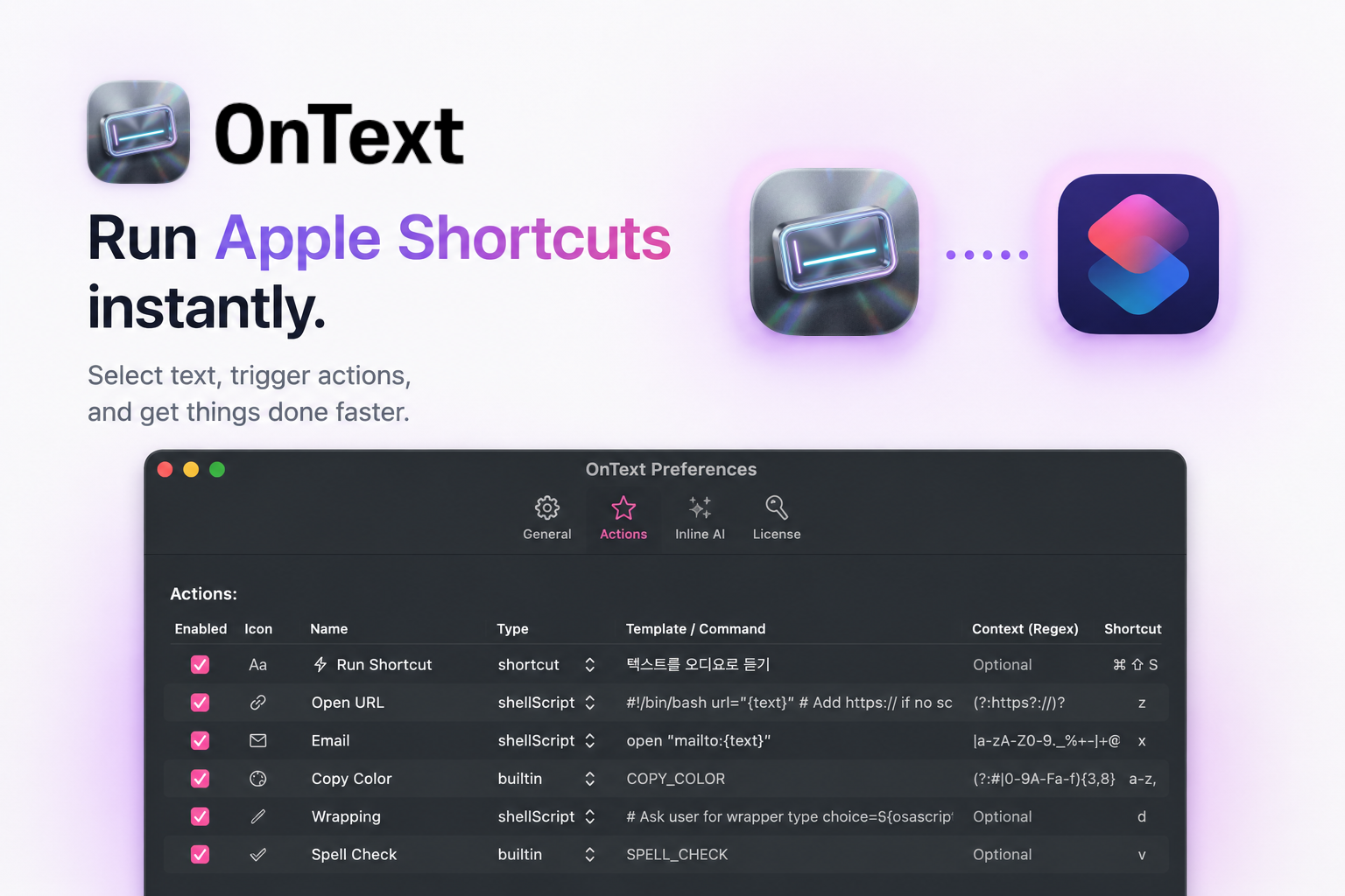 macOS Shortcuts with Selected Text in OnText | OnText